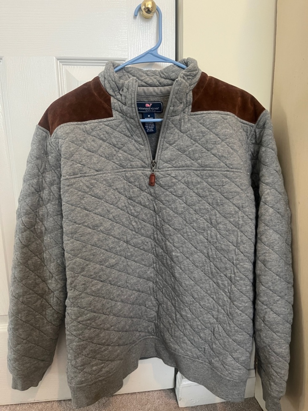 Vineyard Vines Gray Quilted Half-Zip Pullover with Brown Suede Accents